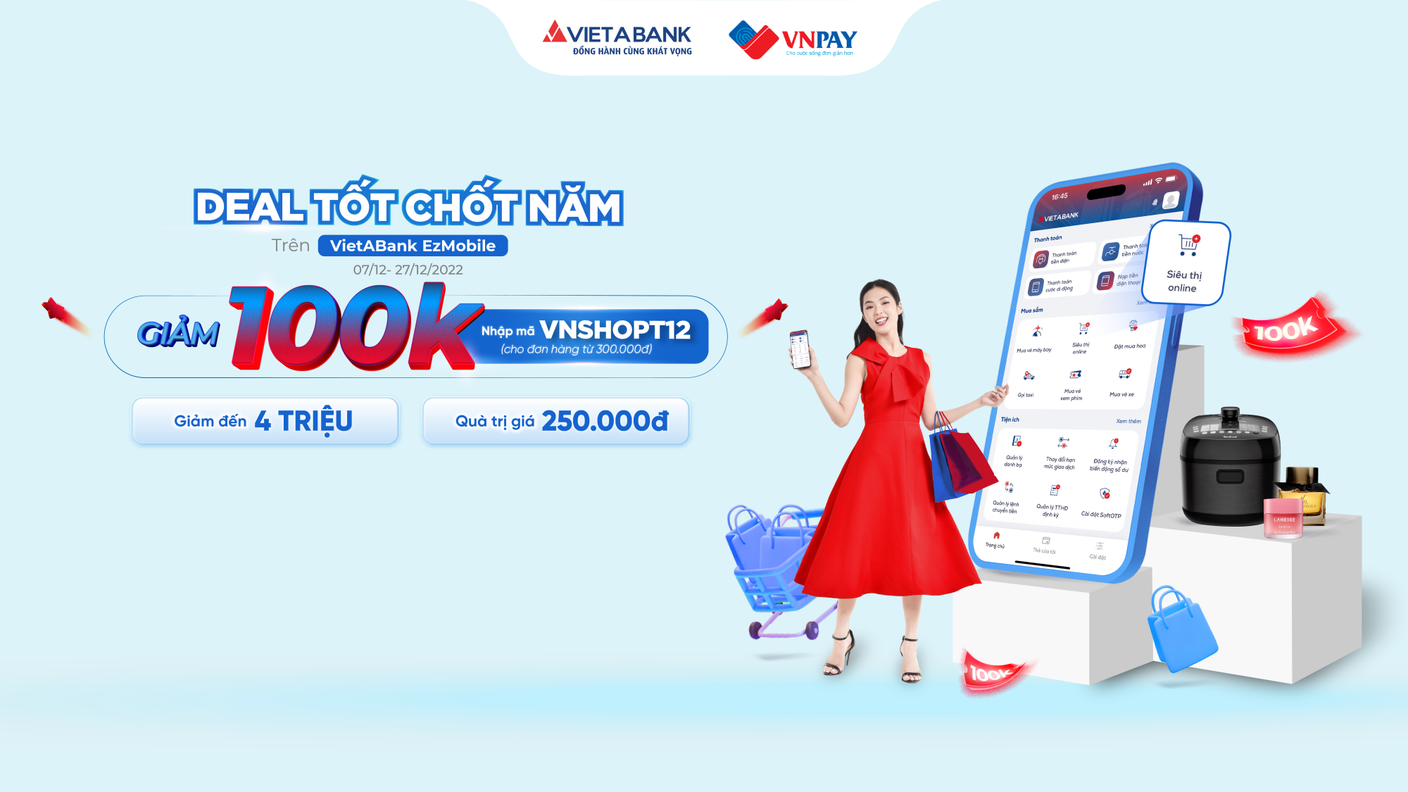 DEAL TỐT CHỐT NĂM - vô vàn ưu đãi mua sắm trực tuyến bằng tính năng Siêu thị online trên VietABank EzMobile